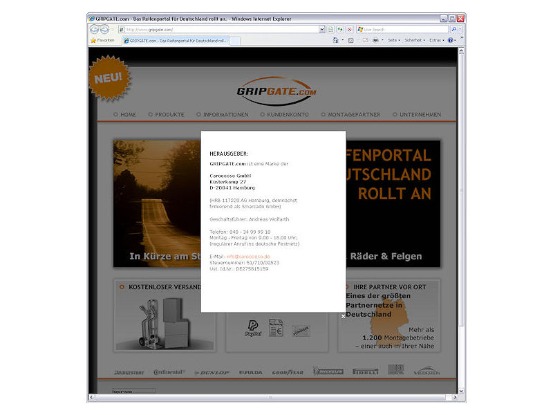 Außer dem Impressum hat die Gripgate-Plattform bislang noch nicht viel an Inhalten zu bieten – die seit dem Sommer massive Werbepräsenz lässt allerdings einen demnächst erfolgenden Start der Plattform vermuten (Bild: Screenshot)