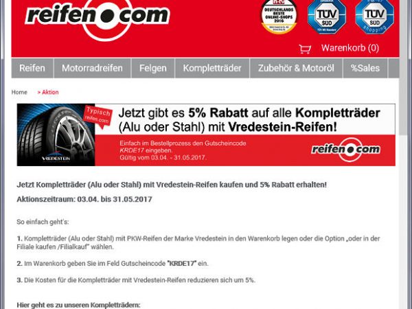 Reifencom Reifen.com Rabatt auf Vredestein Kompletträder