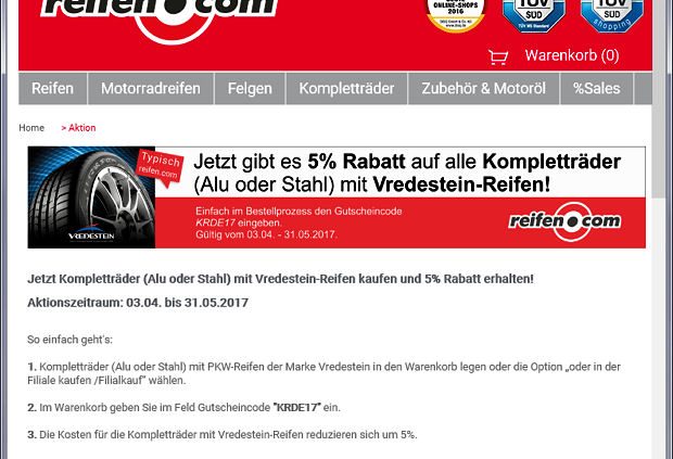 Reifencom Reifen.com Rabatt auf Vredestein Kompletträder