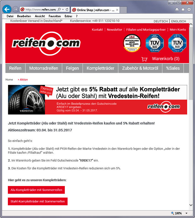 Reifencom Reifen.com Rabatt auf Vredestein Kompletträder