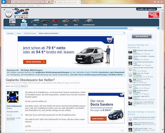 Dacianer diskutieren geplante Obdoleszenz bei Reifen