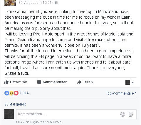 Facebook Hembery verabschiedet sich von Pirelli Motorsport