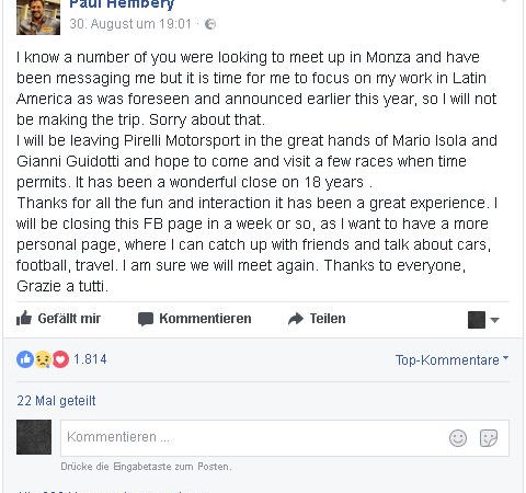 Facebook Hembery verabschiedet sich von Pirelli Motorsport