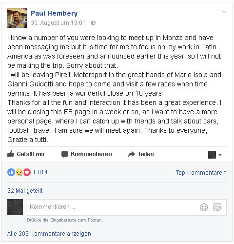 Facebook Hembery verabschiedet sich von Pirelli Motorsport