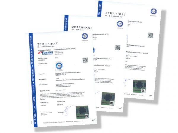 Schrader TÜV Süd Zertifikate