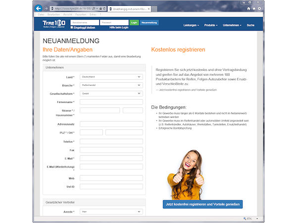 CaMoDo Tyre100 Neuanmeldung