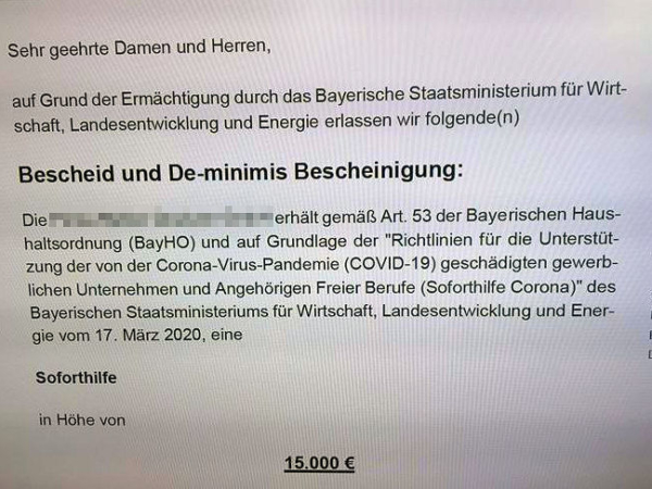 Bescheid Corona Soforthilfe tb