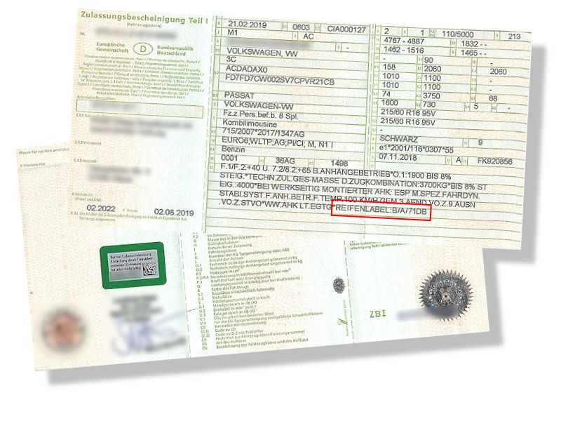 Kfz Schein mit Reifenlabel Eintrag