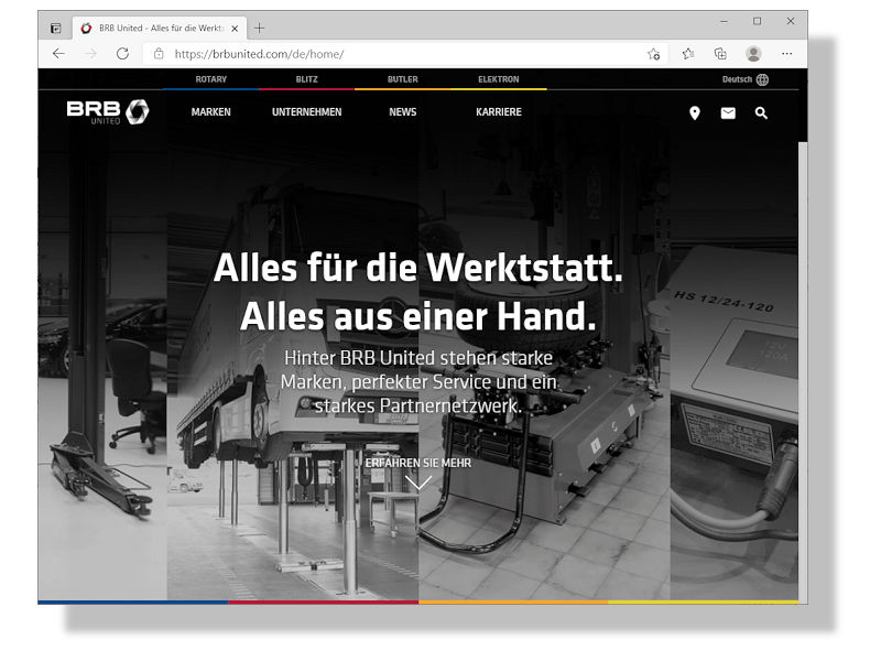 Die VSG (Vehicle Service Group) hat den zu ihr gehörenden Marken Rotary, Blitz, Butler und Elektron unter dem gemeinsamen Dach BRB United eine neue Internetpräsenz spendiert nach dem Motto „Alles für die Werkstatt. Alles aus einer Hand.“ (Bild: Screenshot)