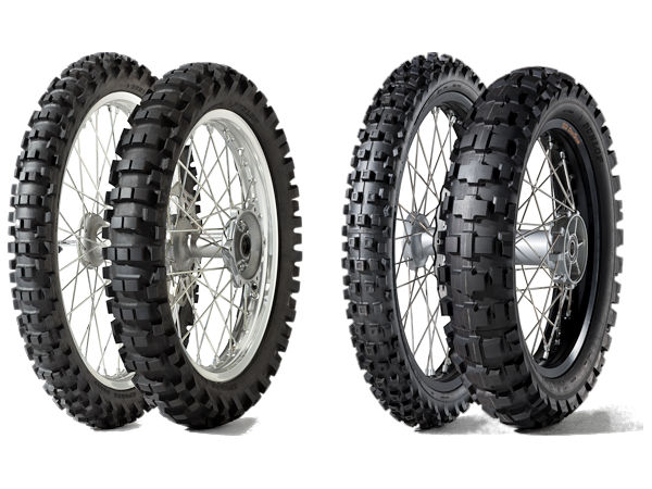 Der Dunlop-Trainingsreifen „D952“ (links) hat in den vier Größen 80/100-21 51M (Vorderreifen), 110/90-18 61M, 120/90-18 65M und 110/90-19 62M (alles Hinterreifen) eine ECE-R75-Zertifizierung erhalten, während der „D908 RR“ in der Vorderreifengröße 90/90-21 54S sowie in den beiden Hinterreifengrößen 140/80-18 70R und 150/70B18 70S ab Produktionsmonat April eine M+S-Kennung aufweist (Bild: Dunlop)