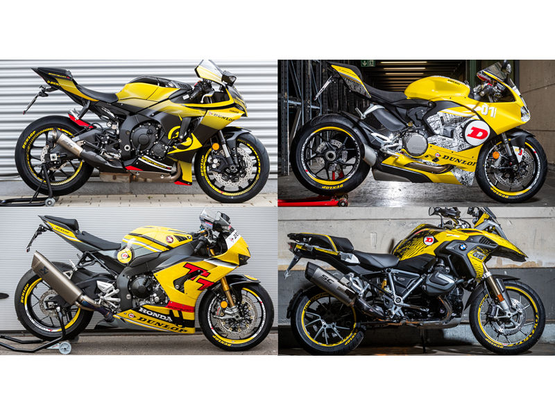 Die ersten vier Motorräder im Design und auf Reifen der Marke, die Dunlop zum kostenlosen Probefahren bei teilnehmenden Händlern zur Verfügung stellt, sind eine Honda Fireblade, Ducati Panigale V2, Yamaha R1 und BMW R1250 GS – weitere Maschinen/Termine sollen noch folgen (Bild: Dunlop)