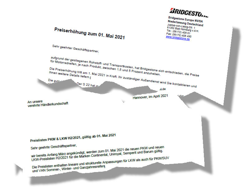 Zum 1. Mai werden Bridgestone-Motorradreifen zwischen 1,5 und fünf Prozent teurer, während Contis neue Preislisten H2/2021 „lineare und strukturelle Anpassungen für Lkw als auch für Pkw/SUV“ enthalten sollen (Bild: Bridgestone, Continental)