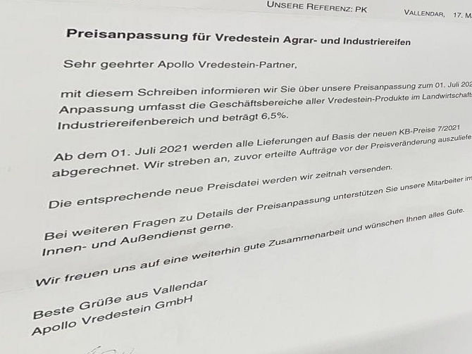 Vredestein-Agrar- und Indudstriereifen werden zum 1. Juli deutlich teurer (Bild: Screenshot)