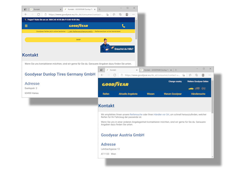 Die deutsche Landesgesellschaft des Reifenherstellers agiert (noch) als Goodyear Dunlop Tires Germany GmbH im Markt, während in Österreich der Name der Zweitmarke Dunlop dieser Tage aus der Firmierung gestrichen wird (Bild: Screenshots)