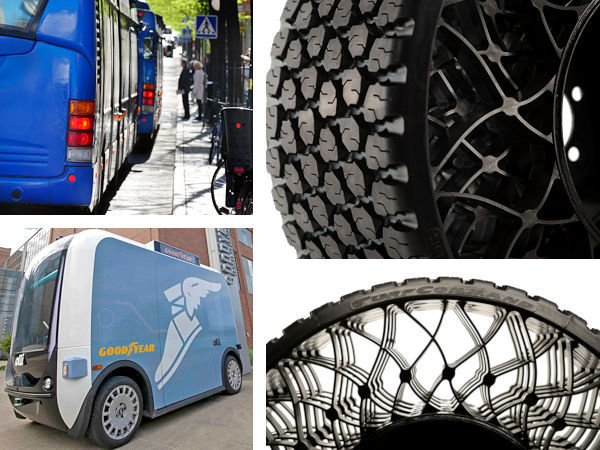 Schon vor gut drei Jahren hat Goodyear seine „Duraweb“ genannte Luftlosreifentechnologie vorgestellt, damals allerdings als optionale Bereifung für Aufsitzrasenmäher von Bad Boys Mowers – jetzt wird sie von dem Reifenhersteller auch für elektrisch angetriebene und/oder autonom fahrende Busse ins Gespräch gebracht (Bilder: Goodyear)