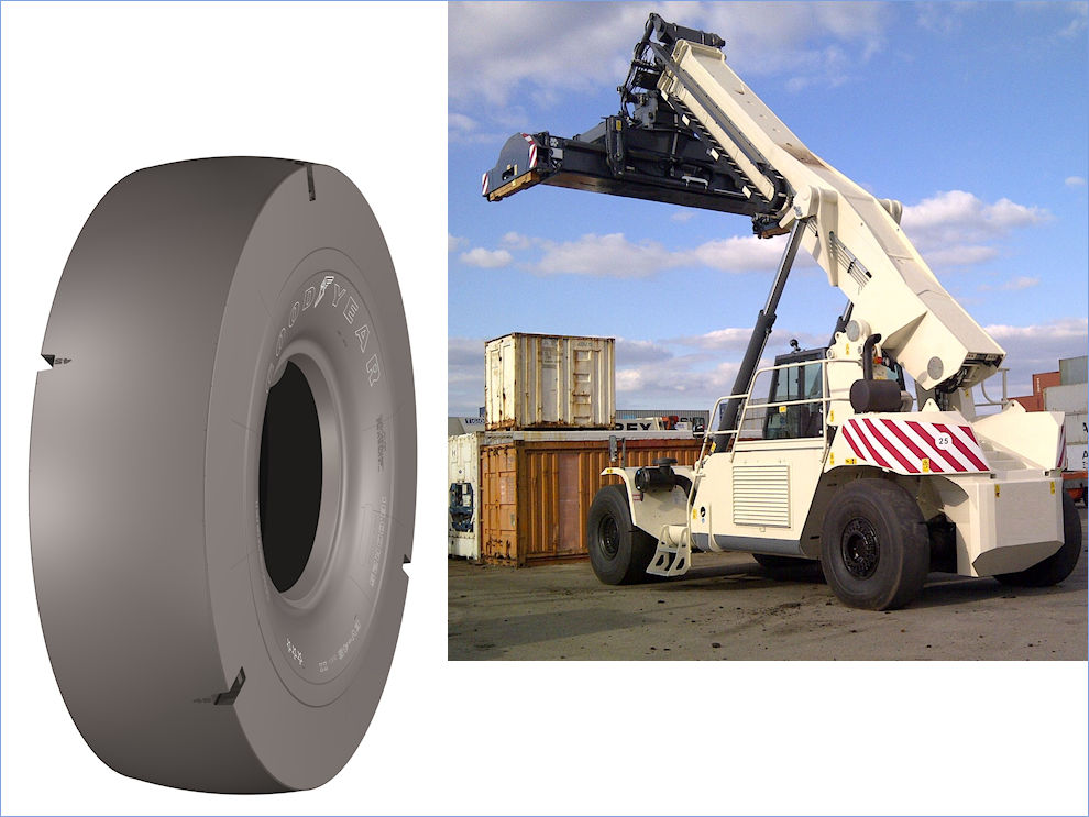 Goodyear führt seine beiden neuen Generation-II-Versionen des EV-4S (Foto links) und EV-5S inklusive einer „Reihe neuer Technologien zur Verbesserung von Effizienz, Stabilität und Haltbarkeit“ ein; Reifen, die im Containerumschlag auf Reachstackern gefahren werden, müssen besonderen technischen Sicherheitsansprüchen genügen (Bilder: Goodyear)