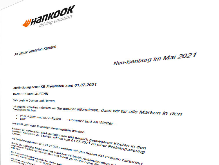 Hankook kündigt eine Preisanpassung an (Bild: Screenshot)