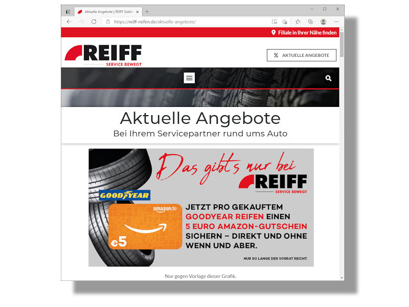 Für eine Teilnahme an der Aktion muss beim Kauf eine auf den Reiff-Webseiten unter „Aktuelle Angebote“ dargestellte Grafik vorgelegt werden (Bild: Screenshot)