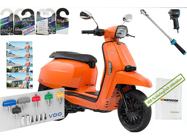 Bei dem Gewinnspiel geht es abgesehen von zwei Lambretta-V50-Rollern als Hauptgewinn außerdem noch im Schlagschrauber, Drehmomentschlüssel, Reifentüten, Tankgutscheine und Spiegelanhängersets (Bild: Tyroo)