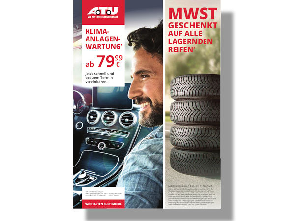 In seinem aktuellen Prospekt bewirbt ATU eine schon seit dem 14. Juni und noch bis zum 31. August laufende Aktion rund um den Kauf von Reifen bei der Werkstattkette (Bild: ATU)