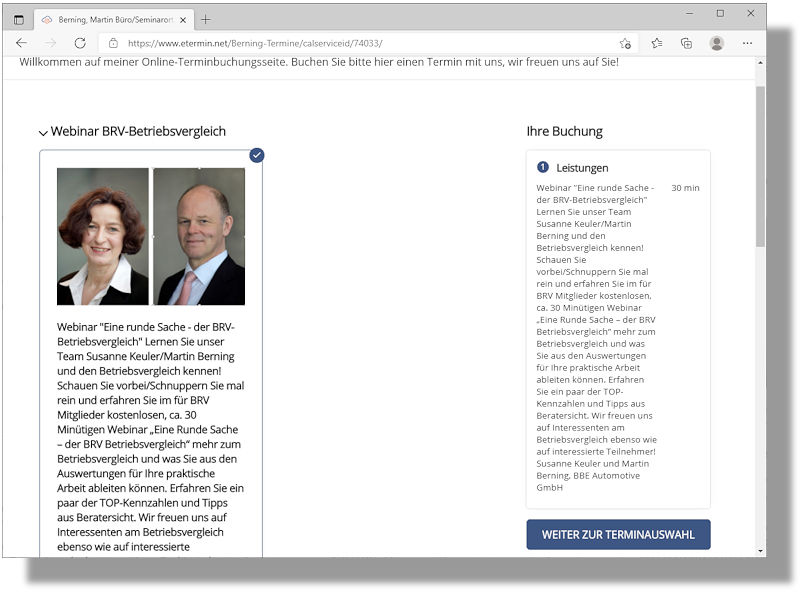 Anmeldungen für das kostenlose Webinar in Sachen BRV-Betriebsvergleich sind über einen von Kooperationspartner BBE Automotive eingerichtete Onlineterminbuchung möglich (Bild: Screenshot)