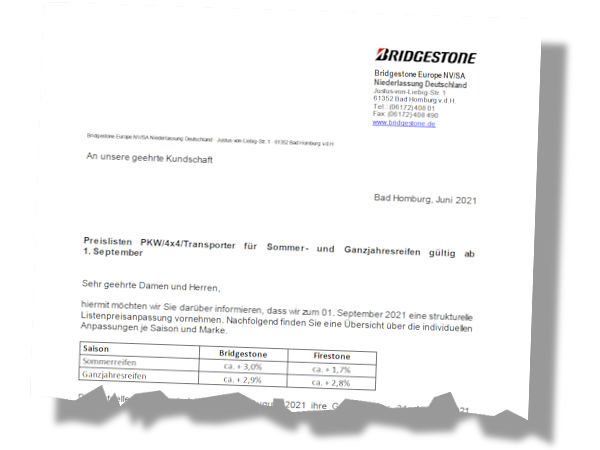 Die angekündigten individuellen Preisanpassungen je Saison und Marke liegen zwischen knapp zwei und drei Prozent (Bild: Bridgestone)