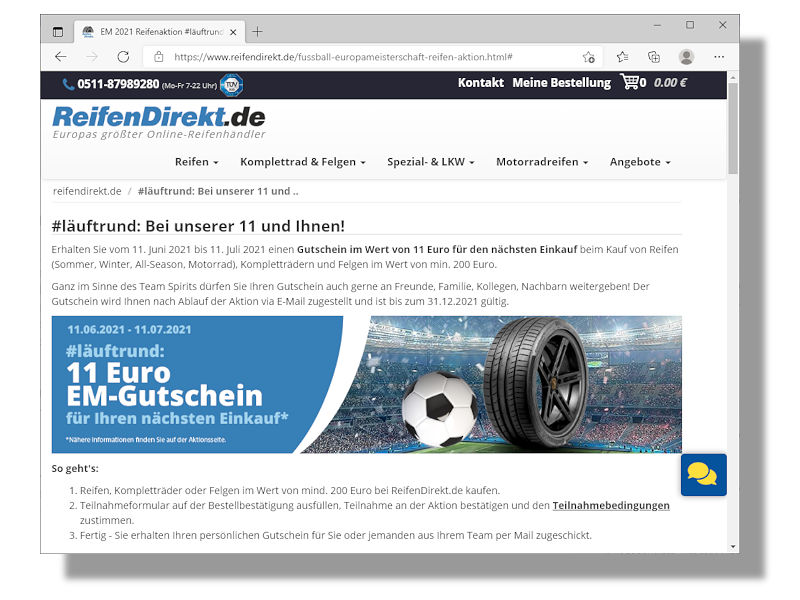 Bei der deutschen Nationalelf lief es in ihrem gestrigen Auftaktspiel gegen die Mannschaft von Frankreich zwar noch nicht so richtig rund – das soll bei der aktuellen ReifenDirekt-Aktion aber anders sein: Reifenkäufer können dort einen Elf-Euro-Gutschein ergattern (Bild: Screenshot)