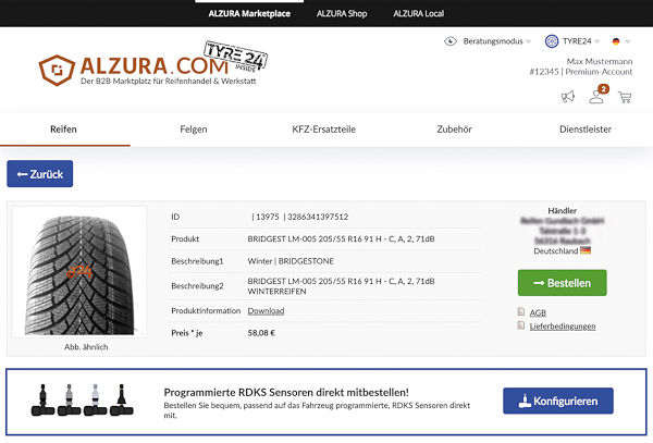 Mit dem neuerdings in Tyre24 integrierten RDKS-Konfigurator können die benötigten Sensoren ausgewählt werden, deren Versand dann separat durch die Alzura Trade GmbH der Saitow AG erfolgt (Bild: Saitow AG)