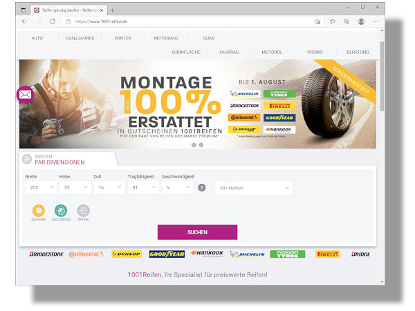 Als Einführungsangebot wirbt der neue Onlineshop seit Anfang Juli und noch bis zum 1. August mit einer Erstattung der Montagekosten von 100 Prozent (ab 17 Zoll) bzw. 50 Prozent (16 Zoll und kleiner) geworben – gedeckelt allerdings bei maximal 100 Euro (Bild: Screenshot)