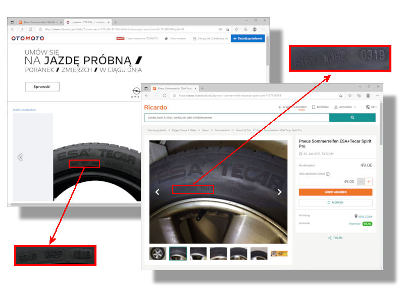 Ob nun die Marktplätze Otomoto (Polen) oder Ricardo (Schweiz): Dort zum Kauf angebotene ESA-Tecar-Profile „Supergrip Pro“ und „Spirit Pro“ können angesichts ihrer mit „6G“ respektive „6Y“ beginnenden DOT-Nummer keinen Hehl aus ihrer Herkunft aus den Conti-Reifenwerken in Timisoara/Rumänien und Puchov/Slowakei machen (Bilder: Screenshots)