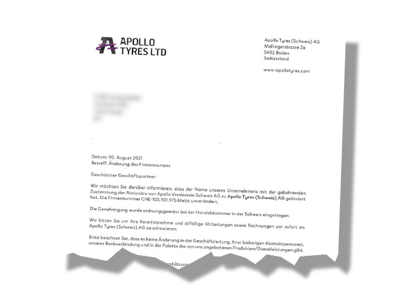 Die bisherige Apollo Vredestein Schweiz AG hat ihren Firmennamen in Apollo Tyres (Schweiz) AG abgeändert (Bild: Apollo Tyres)