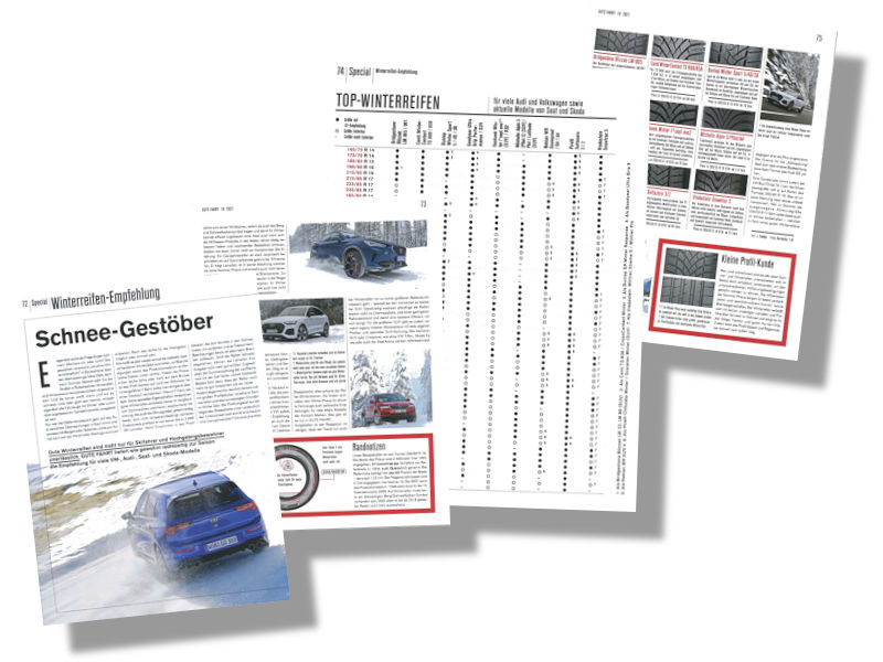 Kern der Gute-Fahrt-Winterreifenempfehlung ist eine tabellarische Übersicht, für welche Reifendimension welches Profil für aktuelle genauso wie für ältere Fahrzeugmodelle aus dem Volkswagen-Konzern empfohlen wird (Bild: Gute Fahrt)