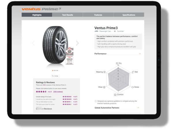 Was Kundenbewertungen seiner Reifen auf den eigenen Webseiten betrifft, arbeitet Hankook dabei im britischen Markt als „offizieller Partner“ mit DriverReviews zusammen – Analoges soll 2022 aber auch in noch weiteren Ländern ausgerollt werden (Bild: Hankook)
