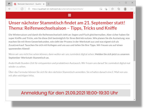 Beim nächsten digitalen Werkstattstammtisch der die Initiative „Qualität ist Mehrwert“ am 21. September sollen Tipps, Tricks und Kniffe rund um die Reifenwechselsaison im Fokus stehen – Interessenten können sich online dafür anmelden (Bild: Screenshot)