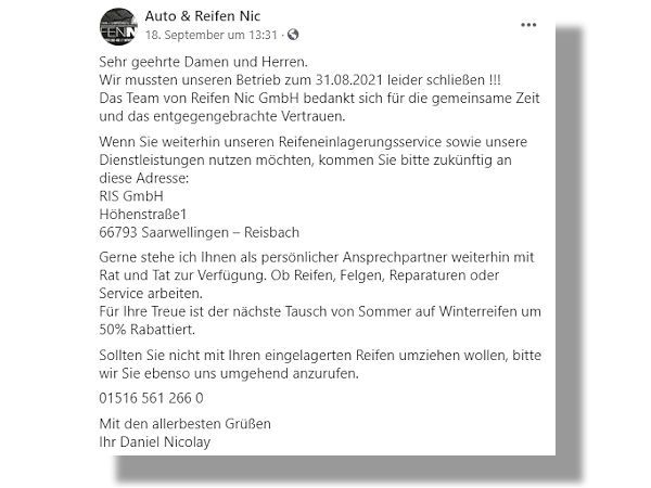 Über die Facebook-Präsenz des Unternehmens werden Kunden der insolventen und mittlerweile geschlossenen Reifen-NIC GmbH in Sachen Reifeneinlagerungsservice sowie Dienstleistungen an die RIS GmbH in Saarwellingen-Reisbach verwiesen (Bild: Facebook/Screenshot)