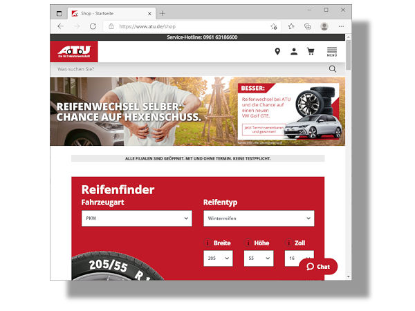 Das Motto von ATUs derzeitiger, auch übers Radio beworbener (Umrüst-)Aktion ist „Chance auf einen neuen VW Golf GTE“ statt „Chance auf Hexenschuss“ (Bild: ATU)