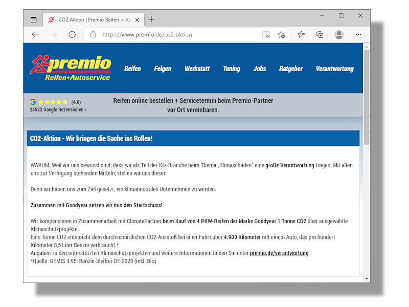 Mehr zu seiner aktuellen, noch bis Jahresende laufenden Aktion rund um die Kompensation von einer Tonne an Kohlendioxidemissionen beim Kauf von vier Pkw-Reifen der Marke Goodyear hält Premio auf seinen Webseiten unter www.Premio.de/co2-aktion bereit (Bild: Screenshot)