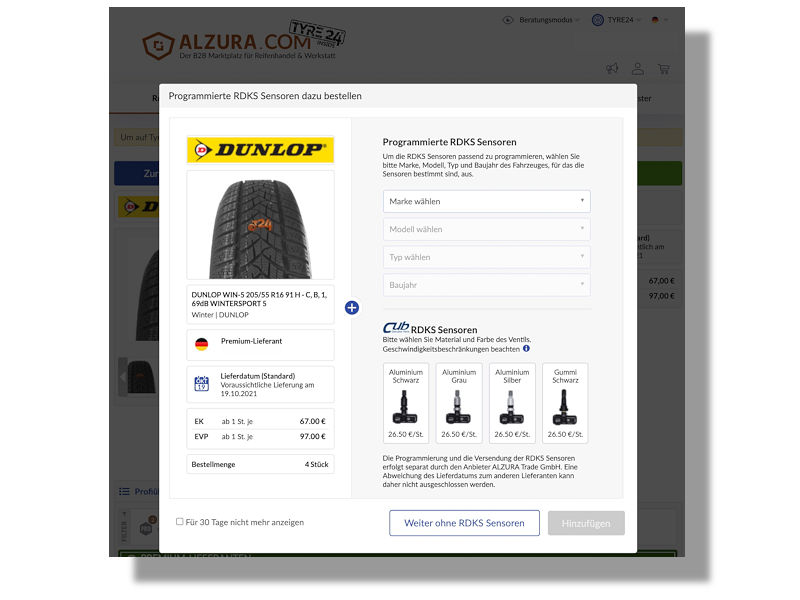 Seit einigen Monaten können Tyre24-Kunden bei Reifenbestellungen über die Plattform auch programmierte RDKS-Sensoren gleich mitordern, die laut der Saitow AG bei Bestelleingang bis 17 Uhr noch am selben Tag versendet werden (Bild: Saitow AG)