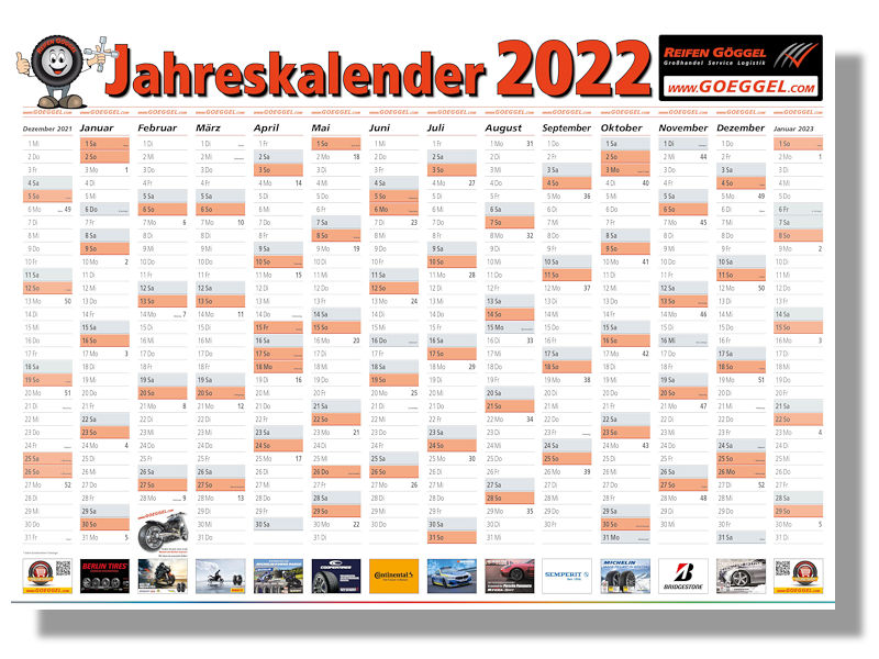Mit seinem in drei Formaten – DIN A0, DIN A1 und DIN A2 – kostenlos über den eigenen Händlershop unter www.goeggel.com erhältlichen Wandplaner will Reifen Göggel seine Kunden dabei unterstützen, das Jahr 2022 „sicher im Blick“ zu haben (Bild: Reifen Göggel)