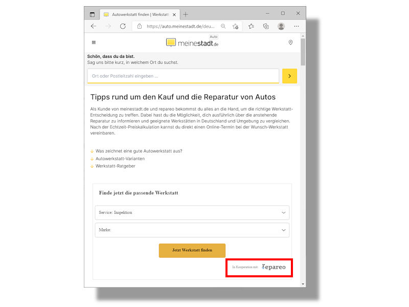 Seit Kurzem kooperiert das Portal unter www.meinestadt.de in Sachen Werkstattsuche mit dem Portal Repareo (Bild: Screenshot)