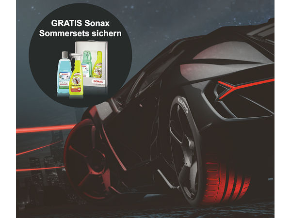 Bei der Kumho-Vorderaktion können sowohl der Handel als auch Verbraucher von einem sogenannten Sonax-Sommerset als Gratiszugabe profitieren beim Ordern/Erwerb eines Satzes bestimmter Sommer- oder -Ganzjahresprofile der Marke ab 17 Zoll aufwärts (Bild: Kumho Tire)