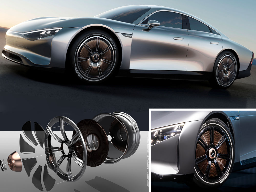 Der rein elektrisch angetriebene und Vision EQXX getaufte Mercedes-Technologieträger, der mit einer Batterieladung mehr als 1.000 Kilometer weit kommen soll, rollt auf Bridgestones „Turanza Eco“ montiert auf Magnesiumrädern mit halbtransparenten und vor allem aerodynamisch ausgefeilten Abdeckungen (Bilder: Mercedes-Benz, Montage: NRZ/Christian Marx)