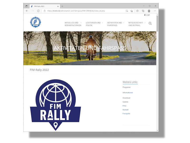 Als erstes gemeinsames Projekt wird der BVDM in diesem Sommer mit der 75. FIM-Rally das älteste und wichtigste internationale Motorradtreffen im Motorradtourensport in Deutschland ausrichten, die vom 27. bis zum 29. Juli in Ferropolis stattfindet (Bild: Screenshot)