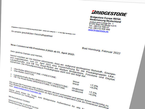 Bridgestone Preiserhoehung 4 2021 tb