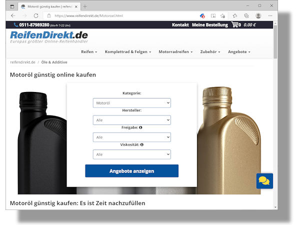 Seit Ende 2021 bietet der Internethändler Delticom auch wieder Motoröle über seine B2B- und B2C-Plattformen wie etwa Autoreifenonline oder ReifenDirekt an (Bild: Screenshot)