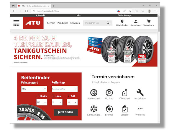 Wer aktuell in einer Filiale oder online vier Reifen oder Kompletträder bei ATU erwirbt, der hat die Chance auf einen von 10.000 Aral-Tankgutscheinen im Wert von jeweils 30 Euro (Bild: Screenshot)