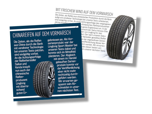 Im Rahmen ihrer jüngsten Sommerreifenvergleiche haben die AutoBild-Reifentester die Profile „Sport Master“ (links) bzw. „Atrezzo Elite“ der chinesischen Hersteller Linglong oder Sailun mit Vorschusslorbeeren bedacht, selbst wenn sie als Vorserienmodelle noch nicht in der offiziellen Wertung bei AutoBild und AutoBild Sportscars auftauchen (Bilder: AutoBild/AutoBild Sportscars)