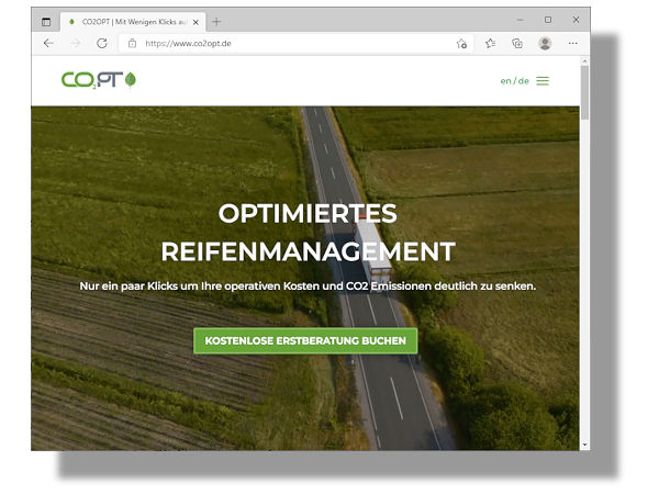 Mission der Co2Opt GmbH ist es nach eigenen Worten, über ein optimiertes Reifenmanagement die operativen Kosten von Transportunternehmen zu senken und so über verringerte Kohlendioxidemissionen gleichzeitig einen Beitrag zum Klimaschutz zu leisten (Bild: Screenshot)