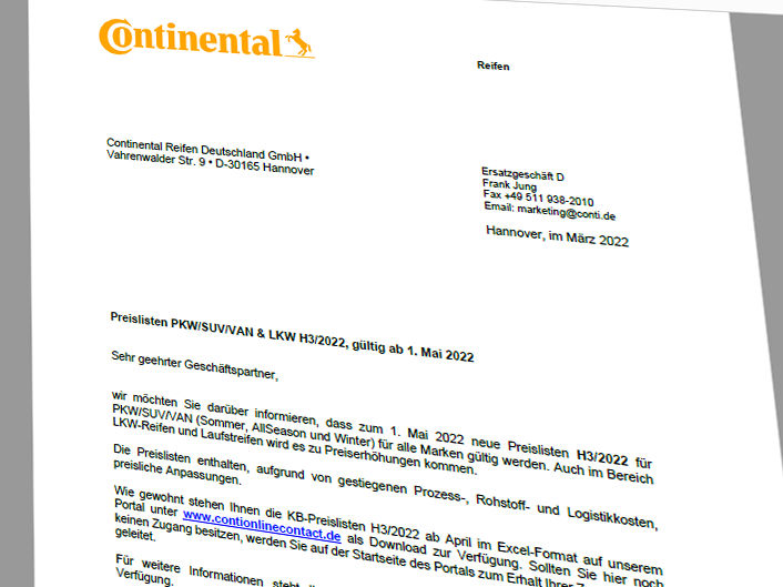 Continental Preiserhoehung 1.5. tb