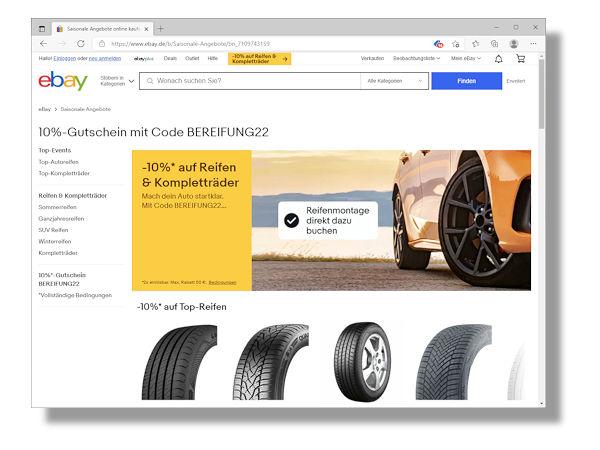 Mit dem Code „BEREIFUNG22“ können Käufer von Reifen oder Kompletträdern bei Ebay derzeit bis zu zehn Prozent, maximal aber 50 Euro sparen (Bild: Screenshot)